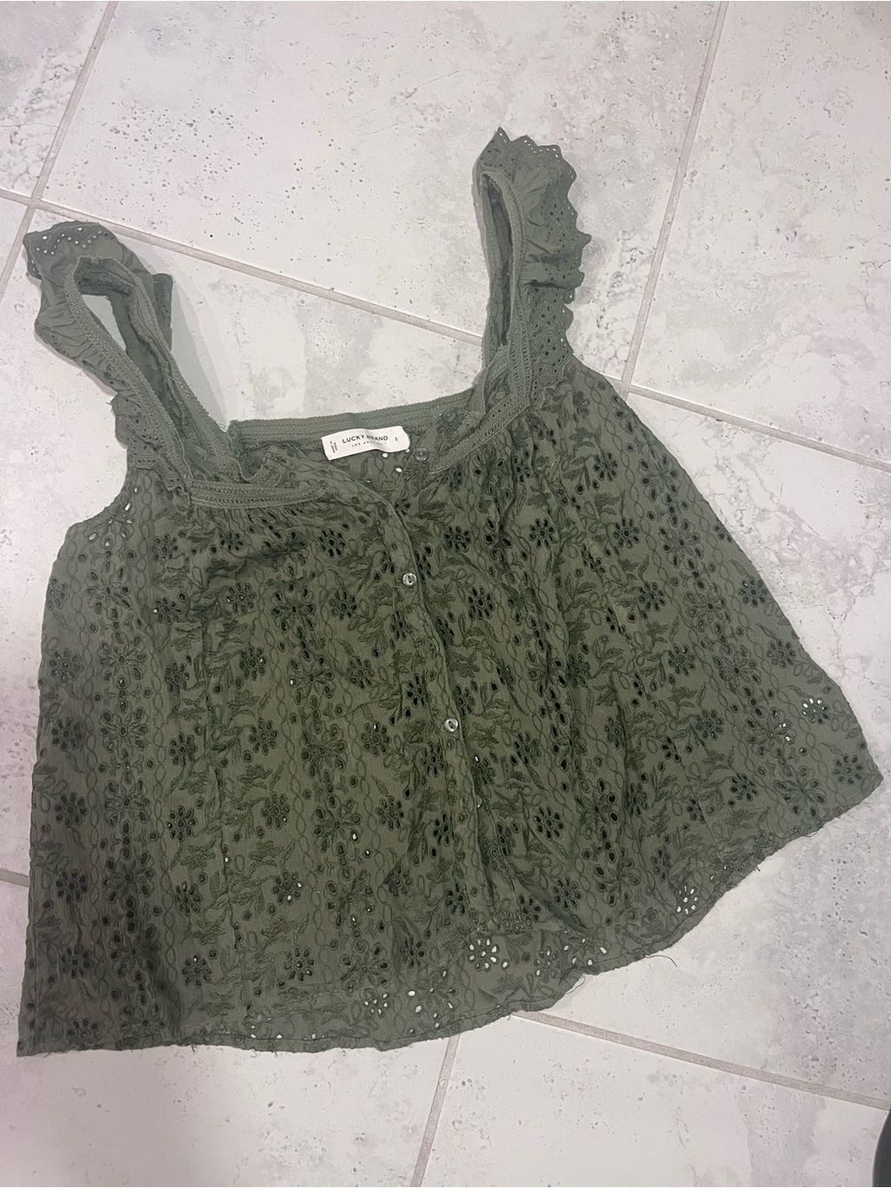 Lucky Brand Olive Eyelet Button-Front Camisole